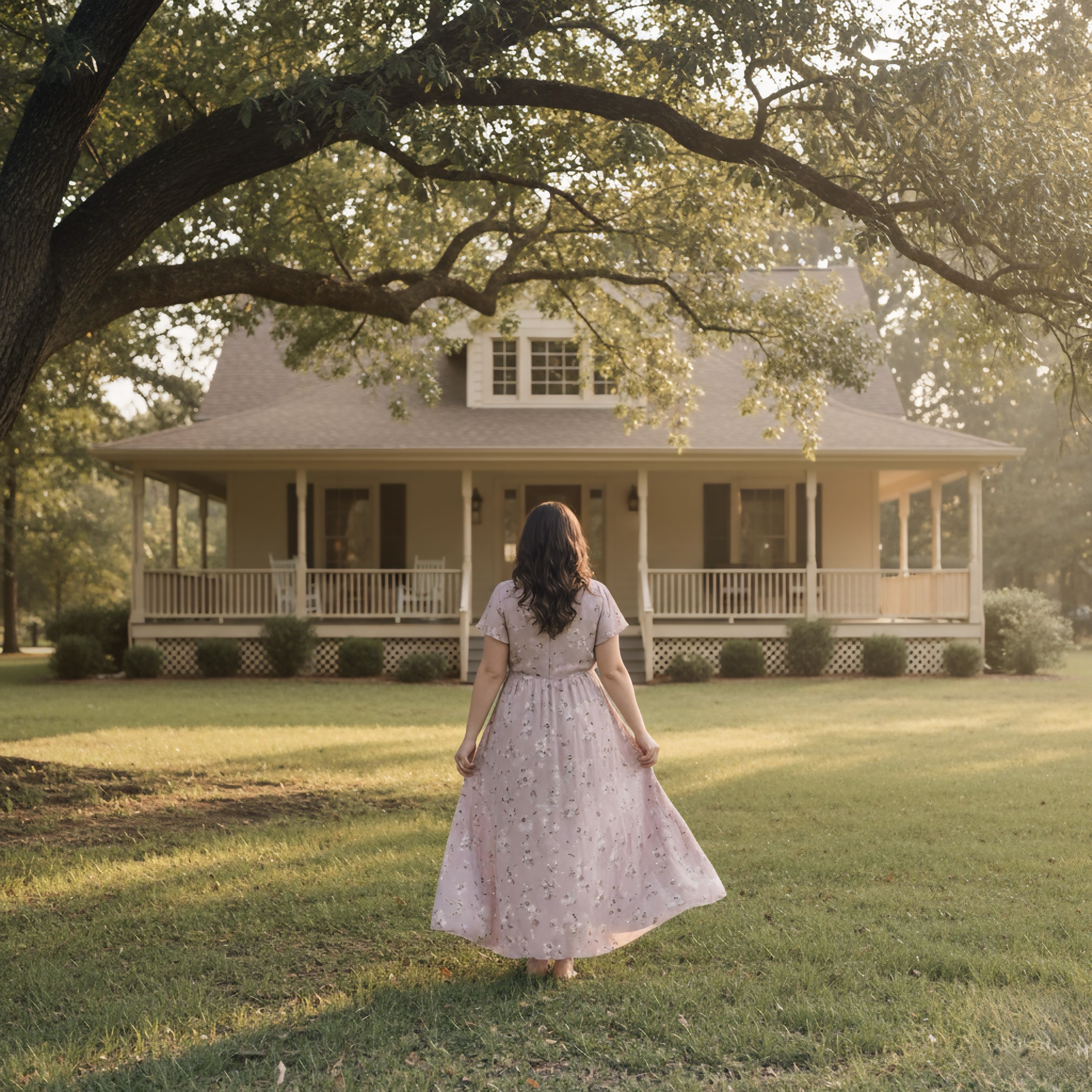 Woman standing in a sunlit yard looking toward a classic Southern home with wraparound porch — North Alabama real estate